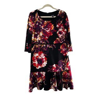 Roz & Ali Size 12 Black Floral Print 3/4 Sleeve Dress Romantic‎ Flounce Ruffle